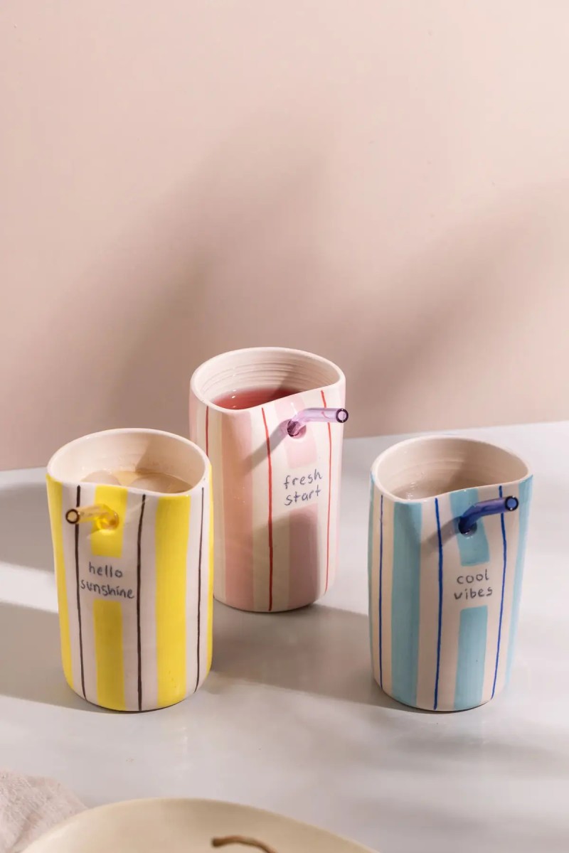 Petra Ceramic Sarı Beyaz Çizgili Soğuk İçecek Kupası